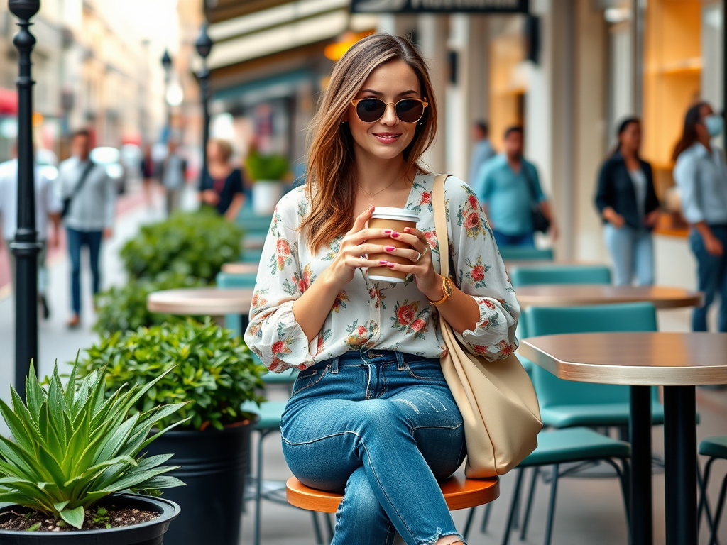 Een vrouw in een bloemenblouse drinkt koffie op een terras met planten op de achtergrond en mensen die voorbijlopen.