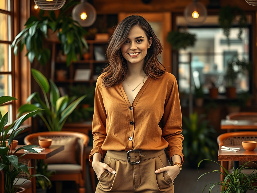 Een vrouw met een glimlach poseert in een gezellige, groene caféomgeving met houten inrichting.