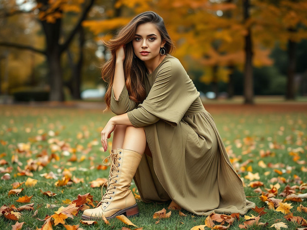 Vrouw in een groene jurk en hoge laarzen, zittend op gras bedekt met herfstbladeren. Achtergrond vol bomen.