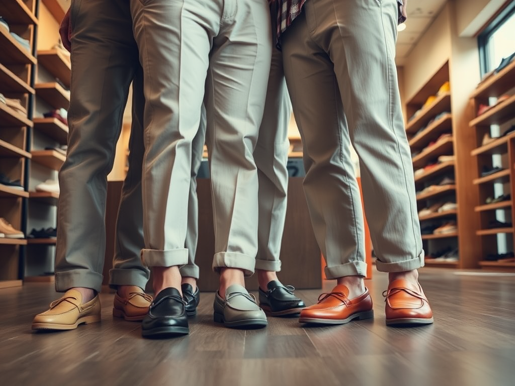 Vier mannen staan in een schoenenwinkel, met verschillende stijlen en kleuren schoenen aan.