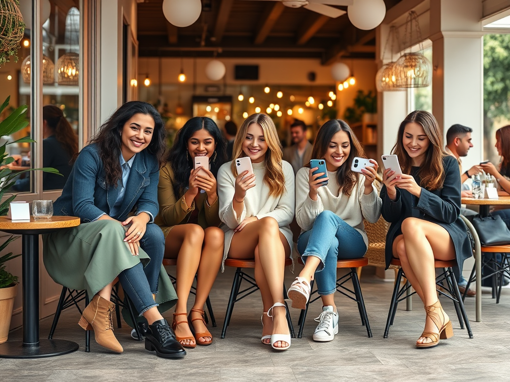 Vijf vrouwen zitten in een café en kijken op hun telefoons, lachend en gezellig samen.