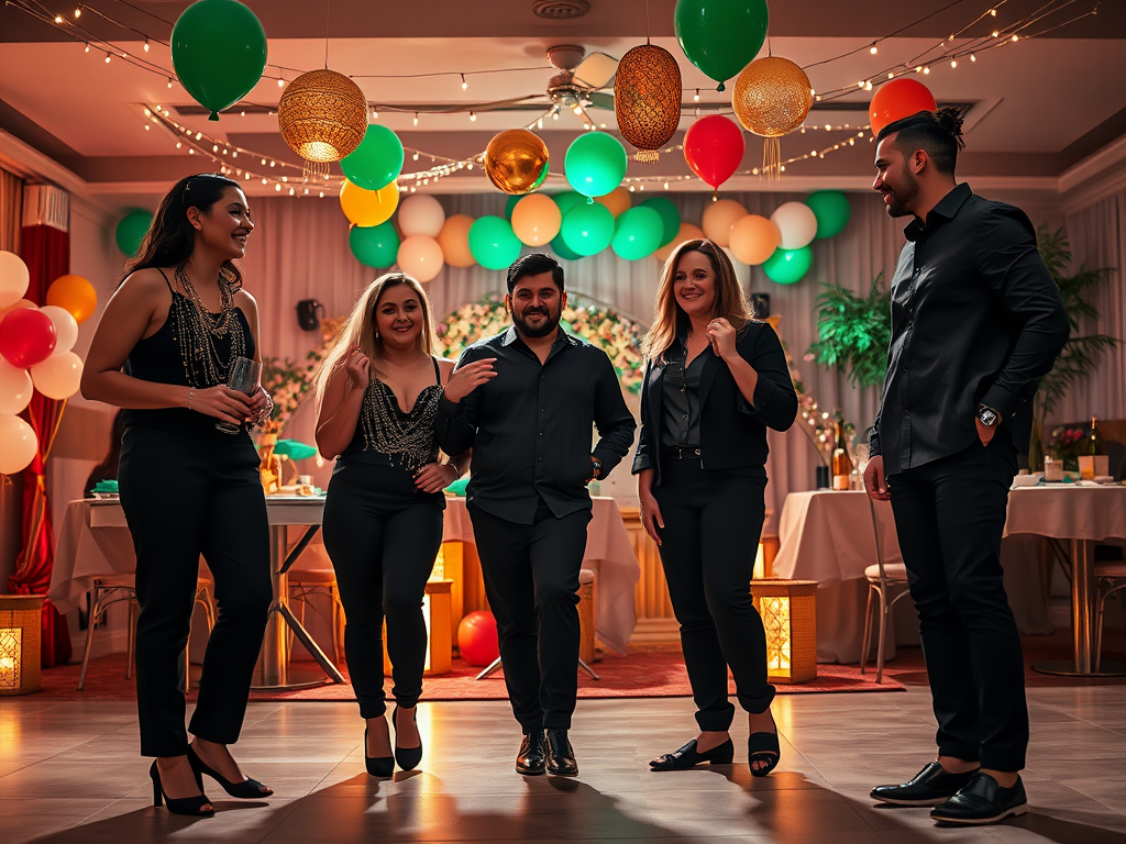 Vijf mensen in zwart gekleed staan in een feestelijke ruimte met ballonnen en sfeerverlichting.
