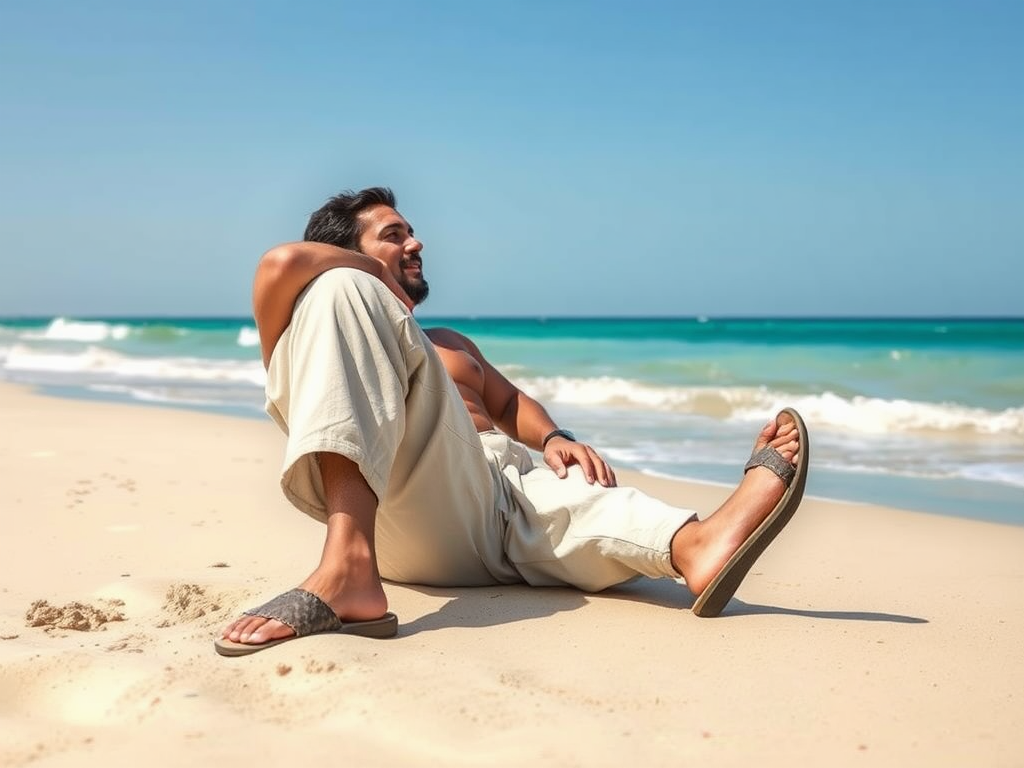 Een man ontspant op het strand, zittend met zijn rug leunend en genietend van de oceaan.