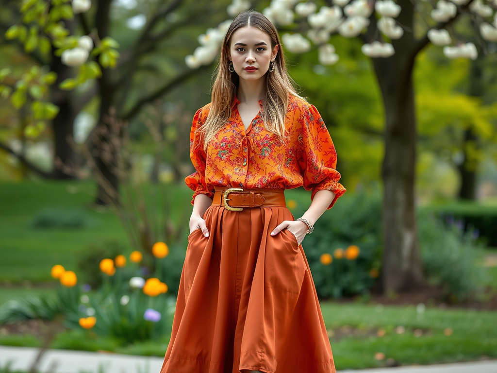 Een vrouw in een oranje blouse en rok poseert in een bloeiende tuin met kleurrijke bloemen.
