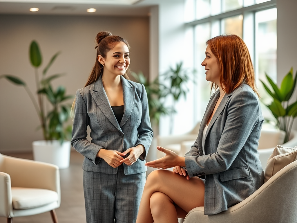 Twee vrouwen in nette kleding staan en zitten samen in een moderne kantooruimte, terwijl ze glimlachen en praten.