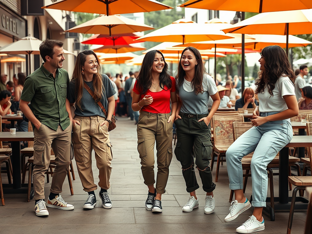 Vijf vrienden lopen en lachen samen op een terras met oranje parasols in de achtergrond.