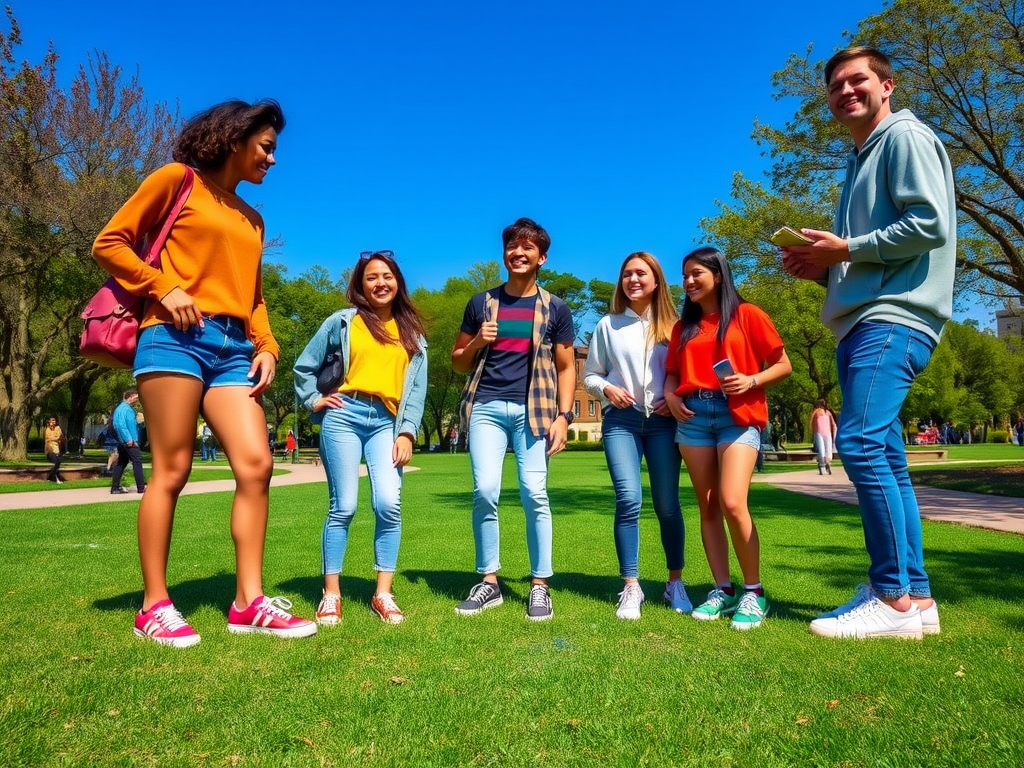 Zes vrienden lachen samen in een groen park onder een heldere blauwe lucht, gekleed in casual kleding.