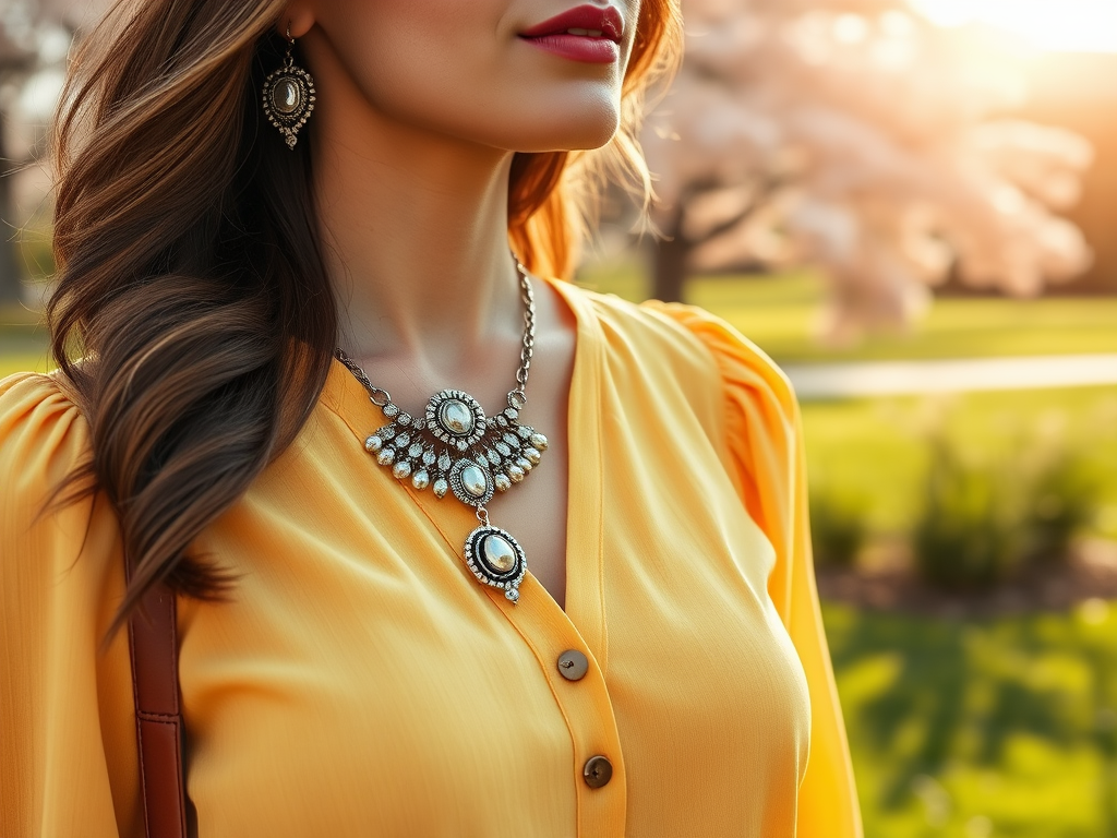 Een vrouw met een gele blouse en opvallende sieraden, genietend van een zonnige dag in een park.