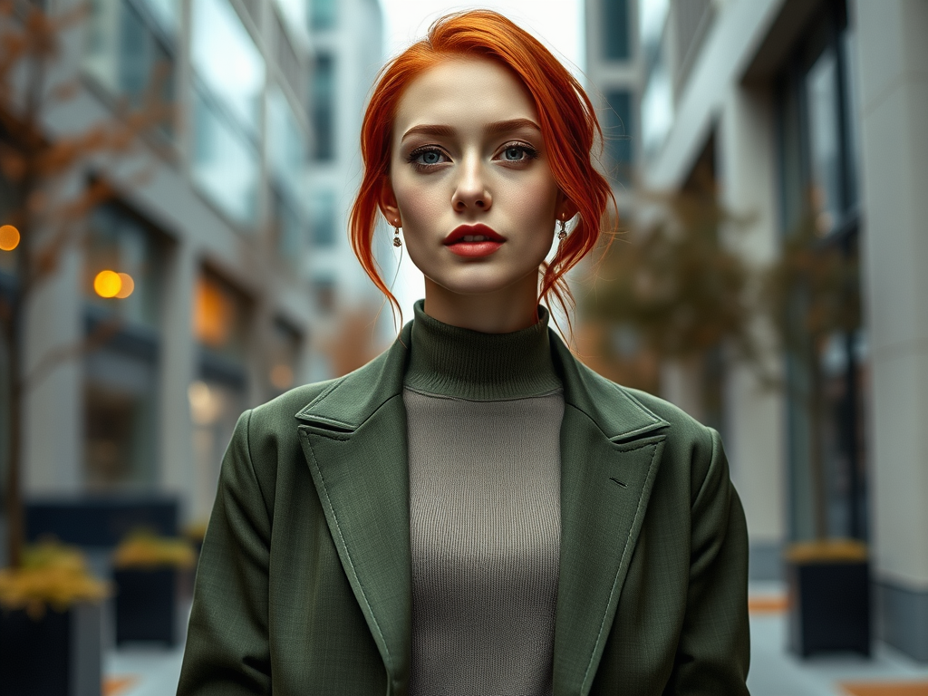 Een jonge vrouw met rood haar in een groene blazer poseert in een moderne stedelijke omgeving.