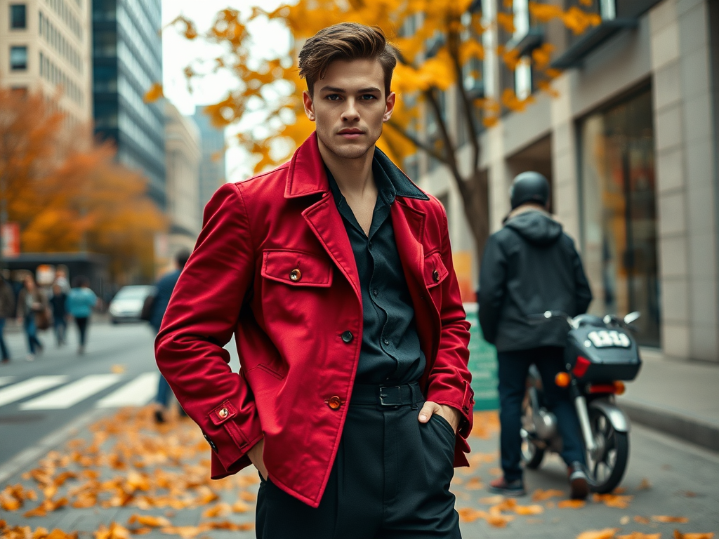 Een jonge man in een rode jas poseert op een stadsstraat vol herfstbladeren met lege winkels op de achtergrond.