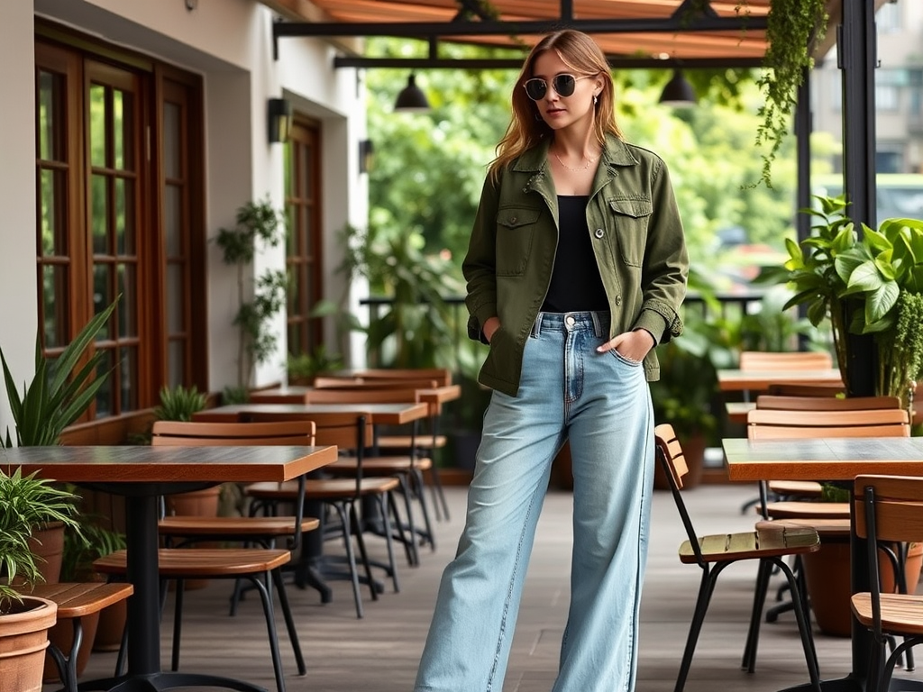 Een vrouw in een groene jas en lichtblauwe jeans staat in een café met planten en houten tafels.