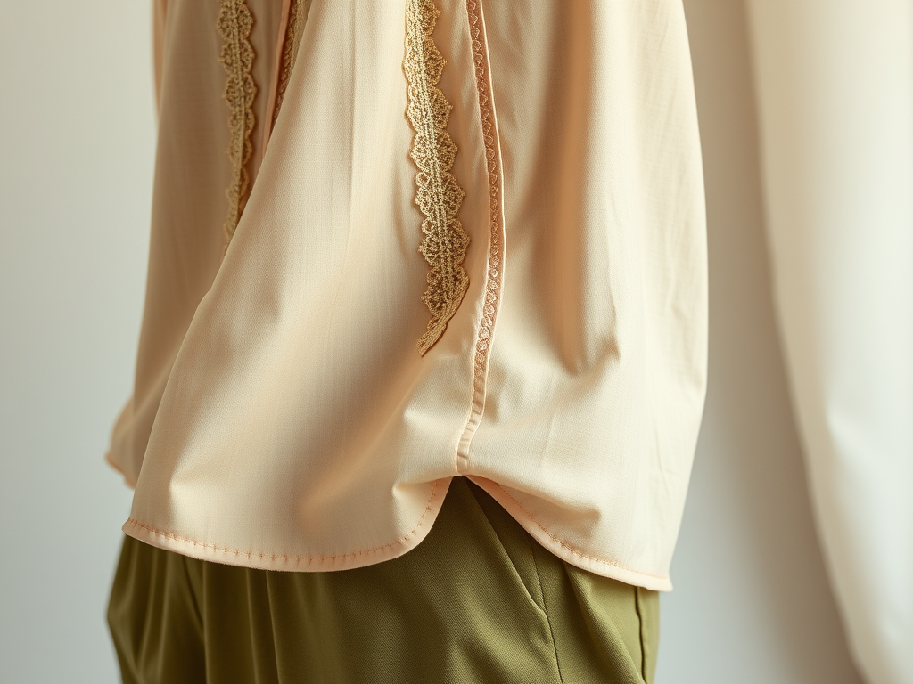 Een close-up van een lichtkleurige blouse met decoratieve kanten details aan de zijkanten.