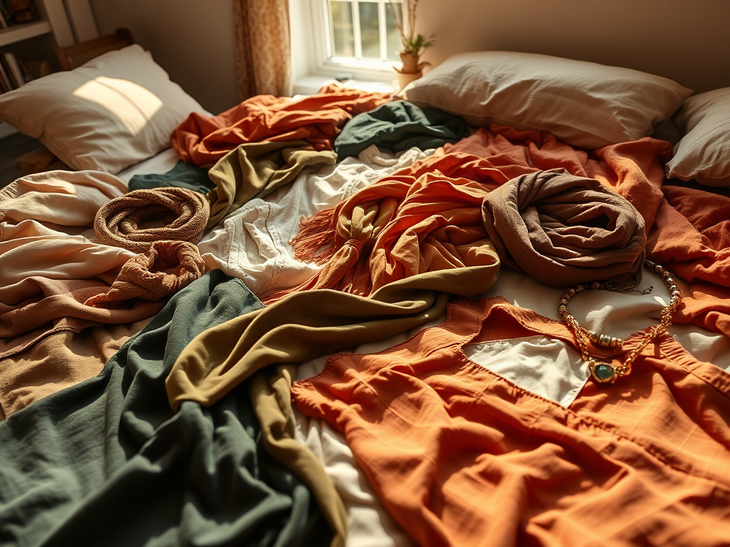 Een bed bedekt met kleurrijke kledingstukken en accessoires in warme tinten, in zacht ochtendlicht.