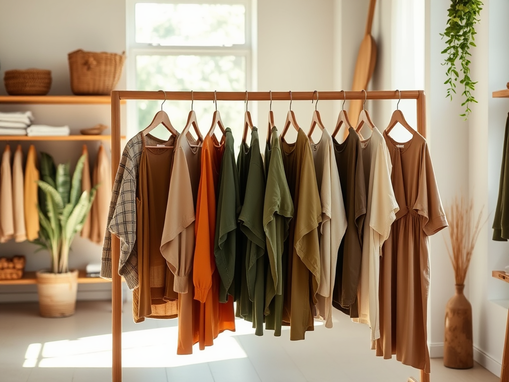 Een kledingrek met verschillende kleuren en stijlen shirts en jurken in een stijlvolle omgeving.