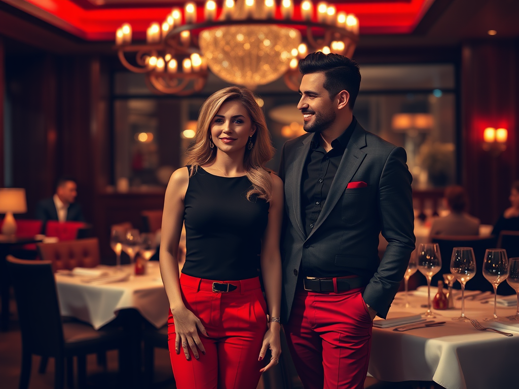 Een stijlvolle man en vrouw poseren in een elegant restaurant, met een luxe inrichting en sfeervolle verlichting.