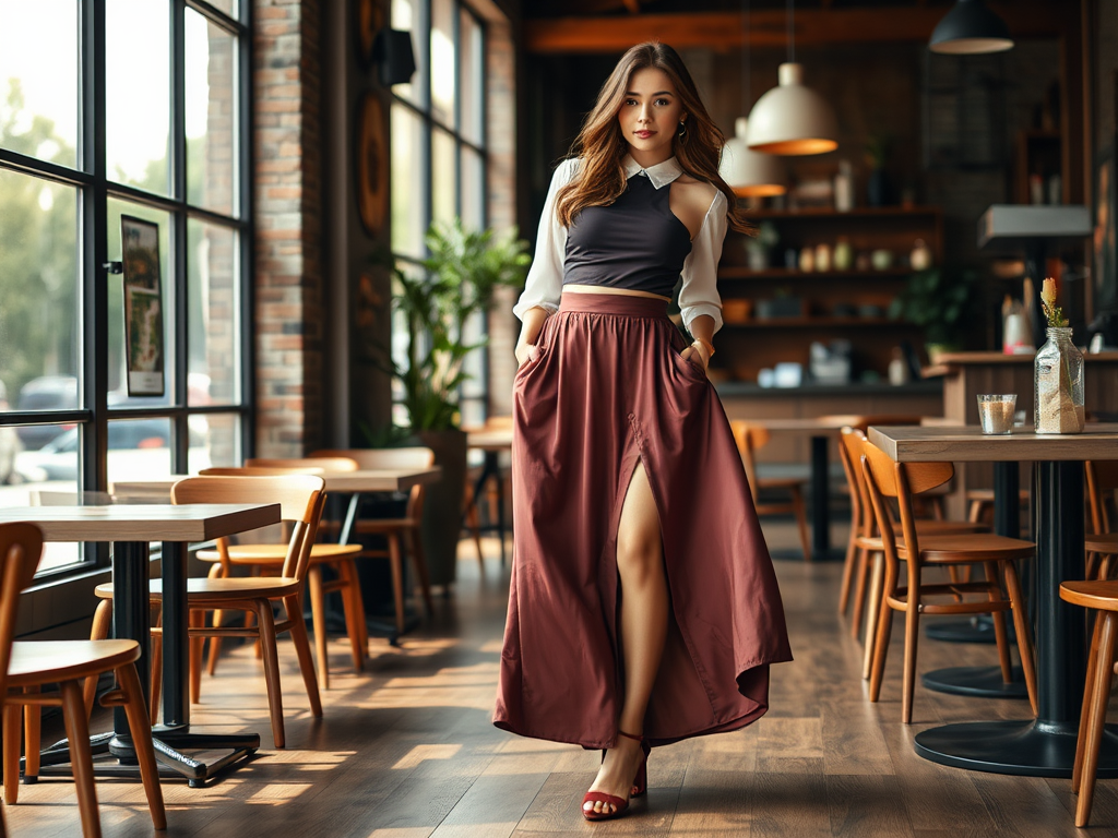 Een vrouw met een kleurrijke rok en een shirt poseert in een trendy café met houten tafels en stoelen.