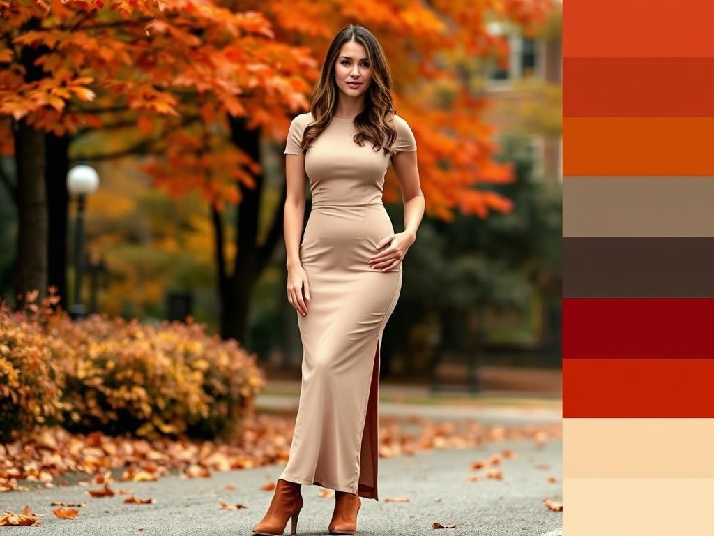 Een vrouw in een lange, beige jurk staat op een herfstachtige straat met kleurrijke bladeren.