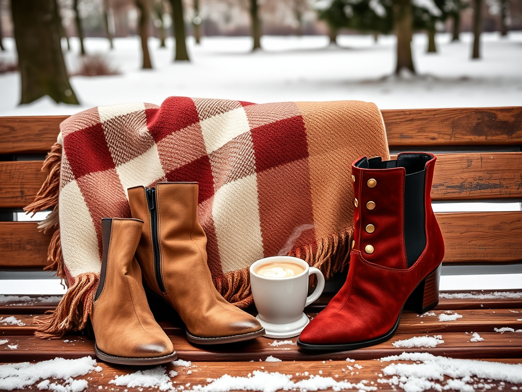 Twee paar schoenen en een kopje koffie op een bank met een dekentje in een sneeuwbedekte omgeving.