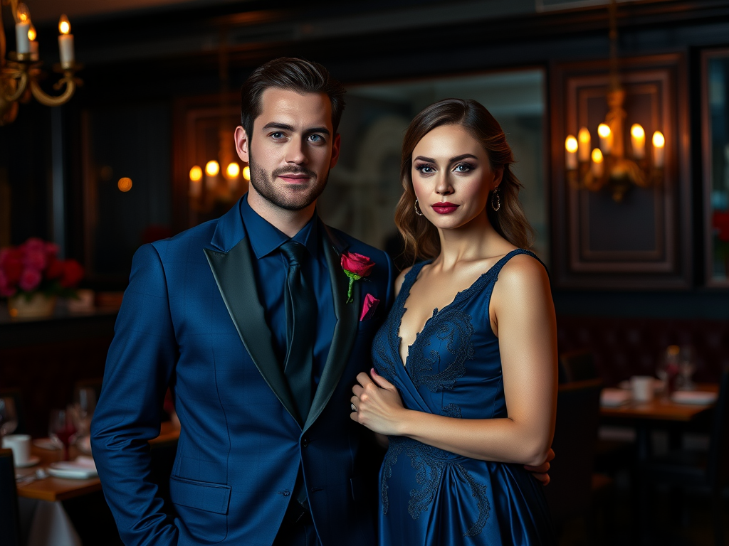 Een man en een vrouw poseren in elegante avondkleding in een sfeervol restaurant. Rozensieraden zijn zichtbaar.