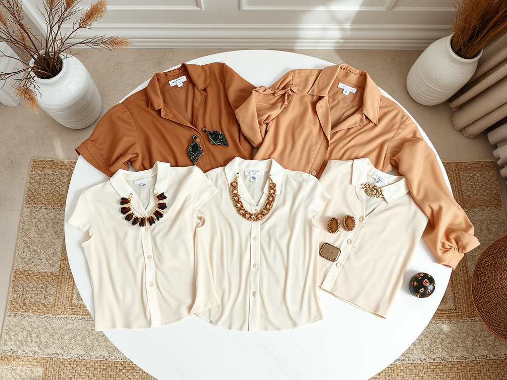 Vier blouses op een ronde tafel, twee in beige en twee in bruin, versierd met verschillende kettingen en accessoires.