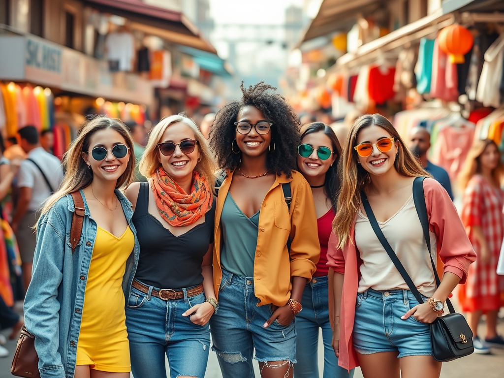 Vijf vrienden poseren vrolijk op een markt met kleurrijke kleding en accessoires in de achtergrond.