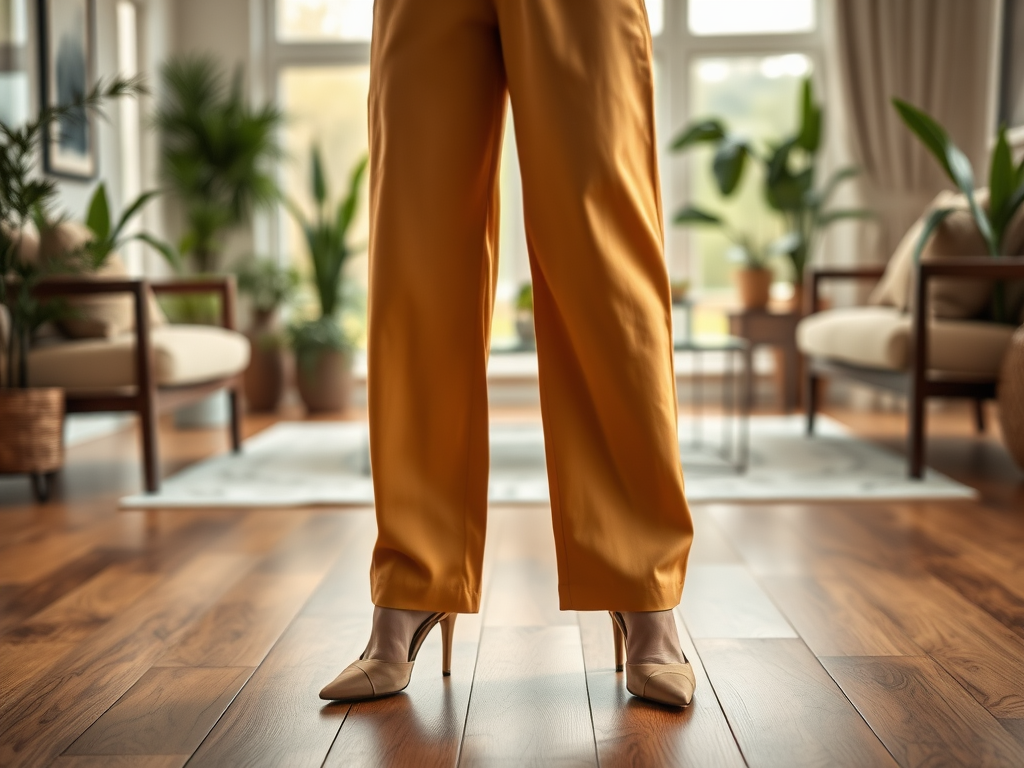 Een vrouw in een zonnige outfit met hoge hakken, staand in een moderne, lichte woonkamer met planten.