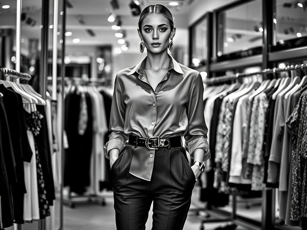 Een stijlvolle vrouw in een modewinkel, gekleed in een satijnen blouse en zwarte broek, omringd door kleding.