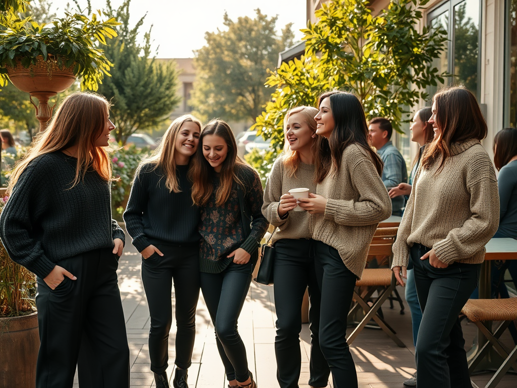 Zes vrouwen in stijlvolle outfits lachen en praten buiten in de zon, omringd door groen en café-tafels.